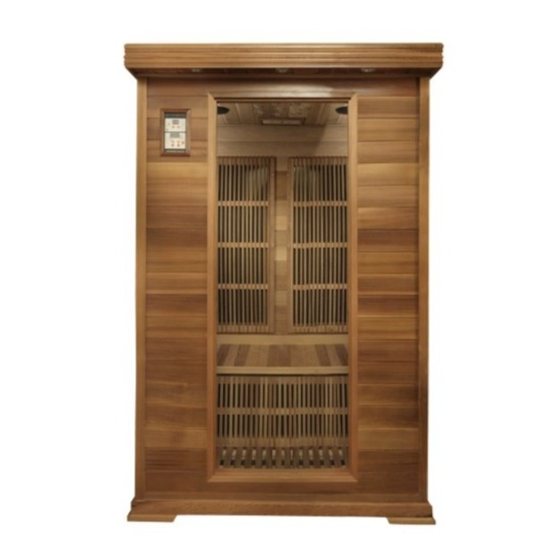 Wooden sauna with glass door