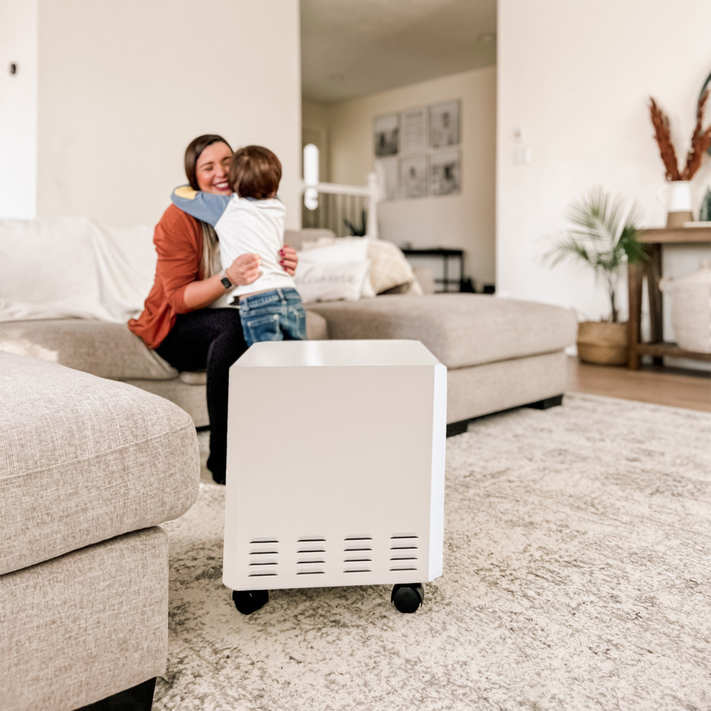 Mother and child in cozy living room