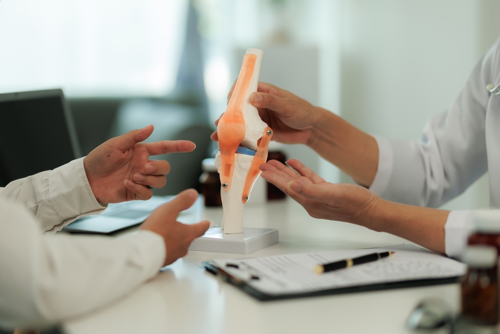 Doctor explaining knee joint model